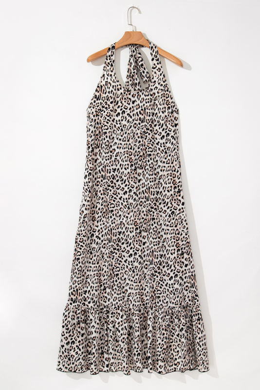 Brown Leopard Printed Halter Neck Backless Ruffled Hem Maxi Dress