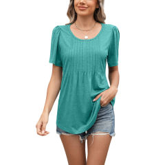 Blue-Green Pleated Detail Loose Fit Short Sleeve Tees