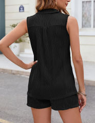 Black Textured Lapel V Neck Tank Top and Pocketed Shorts Set