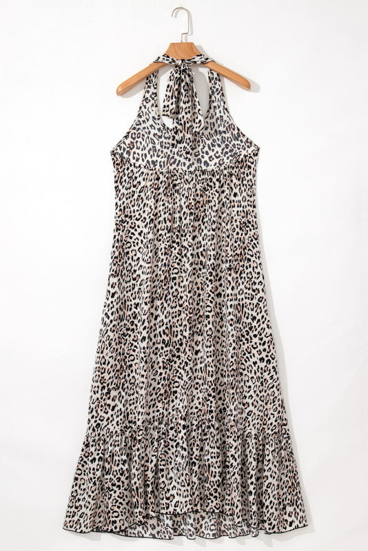Brown Leopard Printed Halter Neck Backless Ruffled Hem Maxi Dress