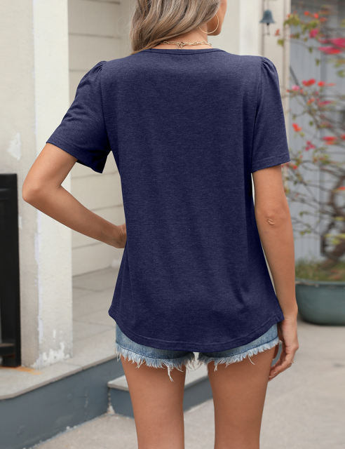 Navy Blue Pleated Detail Loose Fit Short Sleeve Tees