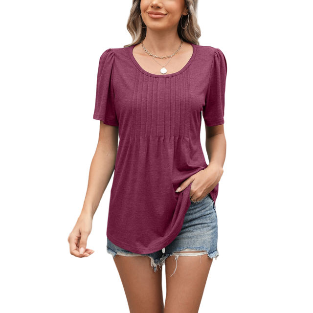 Burgundy Pleated Detail Loose Fit Short Sleeve Tees