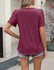 Burgundy Pleated Detail Loose Fit Short Sleeve Tees