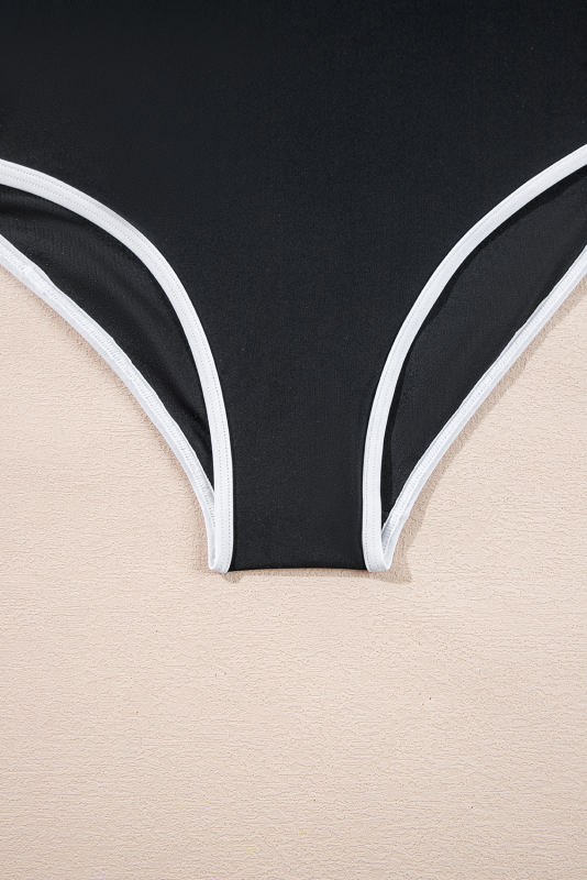 Black Contrast Trim Two Tone Belted One Piece Swimsuit