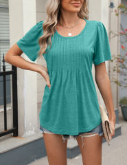 Blue-Green Pleated Detail Loose Fit Short Sleeve Tees