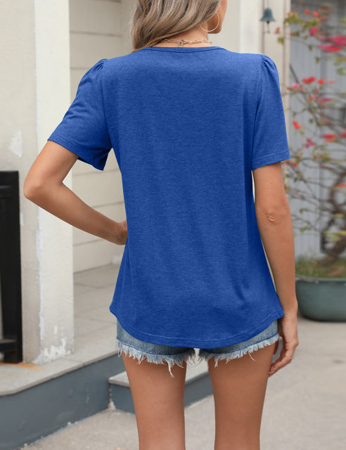 Blue Pleated Detail Loose Fit Short Sleeve Tees