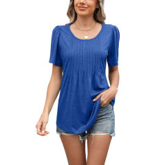 Blue Pleated Detail Loose Fit Short Sleeve Tees