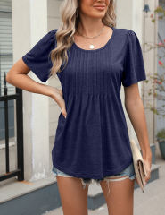 Navy Blue Pleated Detail Loose Fit Short Sleeve Tees