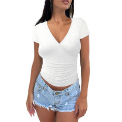White Solid V Neck Slim Fit Short Sleeve Top