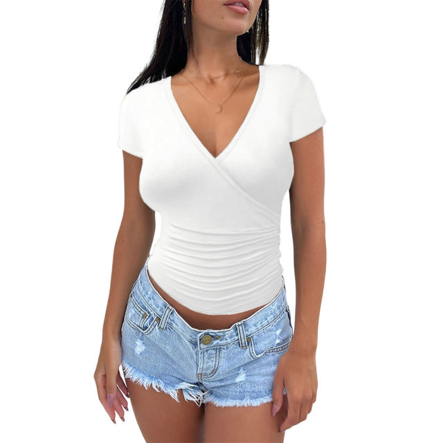 White Solid V Neck Slim Fit Short Sleeve Top
