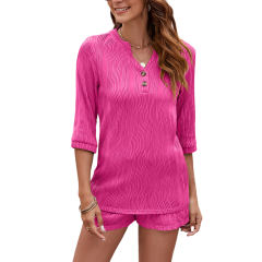 Hot Pink Textured Button V Neck Half Sleeve Top and Pocketed Shorts Set