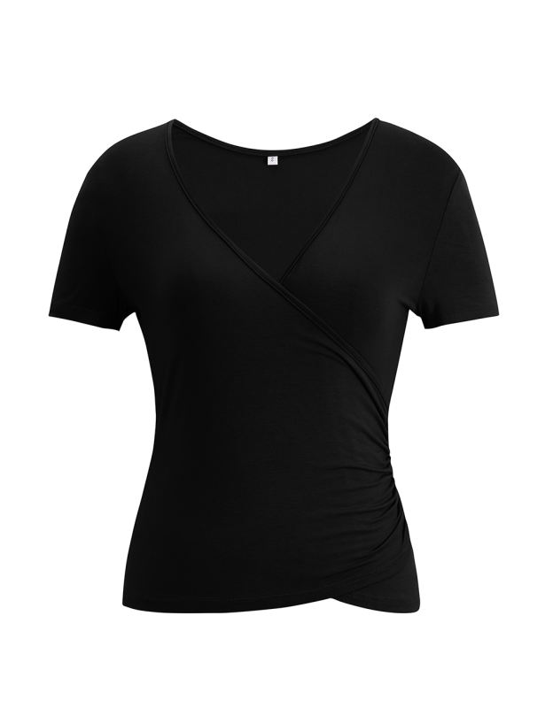 Black Solid V Neck Slim Fit Short Sleeve Top