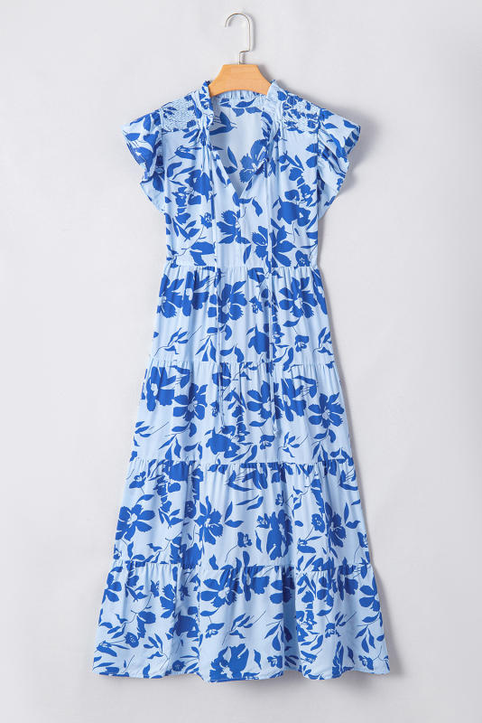 Sky Blue Floral Print Tiered Frilled Trim Flutter Sleeve Maxi Dress