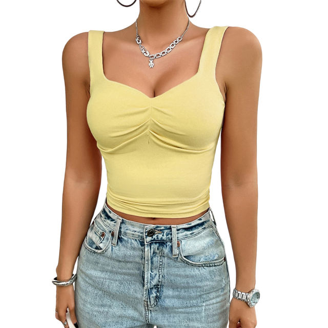 Yellow Solid Front Twisted Slim Fit Tank Top