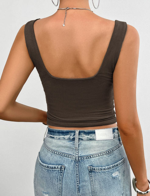 Brown Solid Front Twisted Slim Fit Tank Top