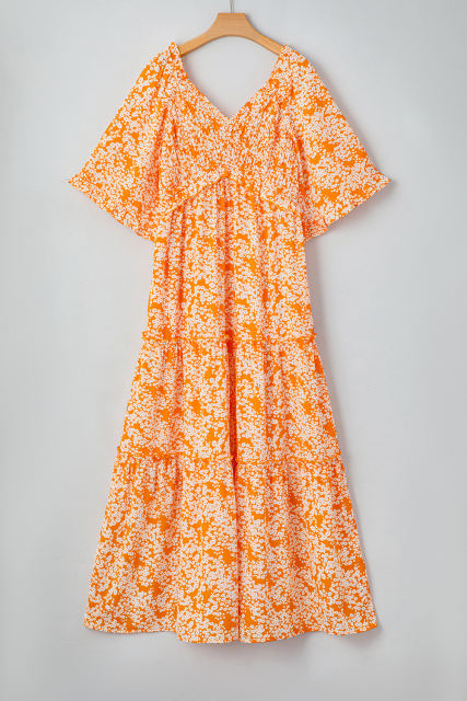 Orange Floral Print Smocked V Neck Wide Sleeve Maxi Dress