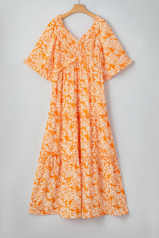 Orange Floral Print Smocked V Neck Wide Sleeve Maxi Dress