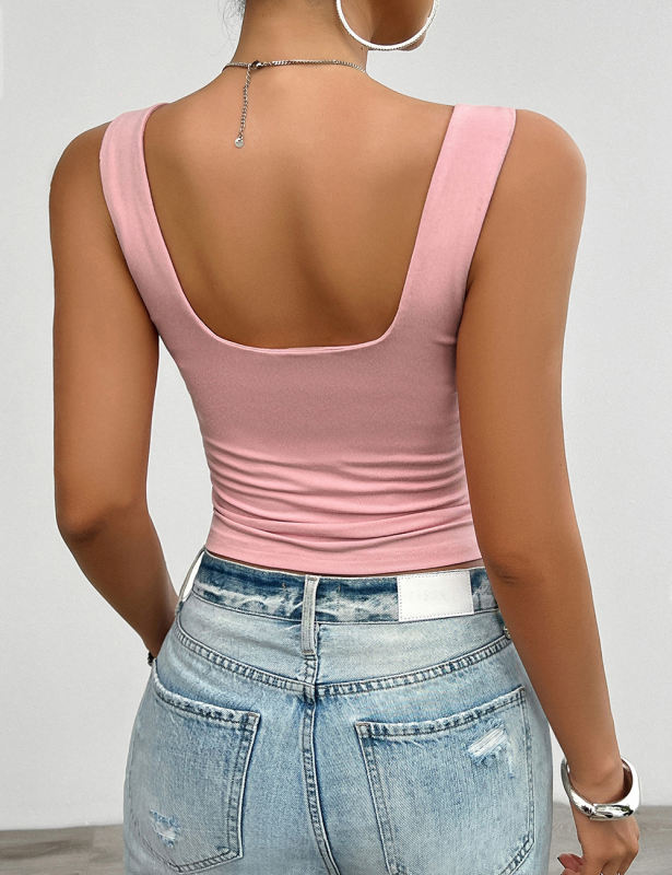 Pink Solid Front Twisted Slim Fit Tank Top