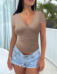 Khaki Solid V Neck Slim Fit Short Sleeve Top