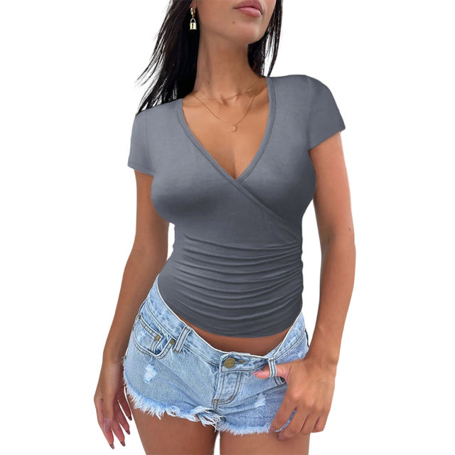 Gray Solid V Neck Slim Fit Short Sleeve Top