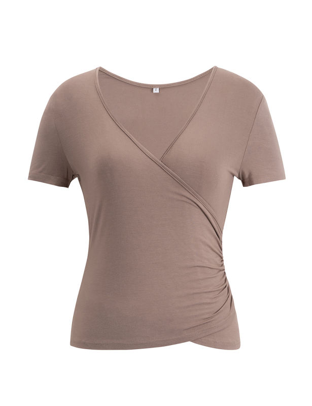 Khaki Solid V Neck Slim Fit Short Sleeve Top