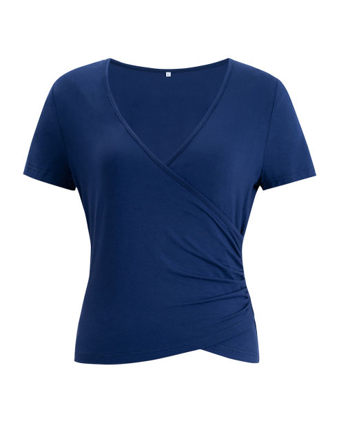 Navy Blue Solid V Neck Slim Fit Short Sleeve Top