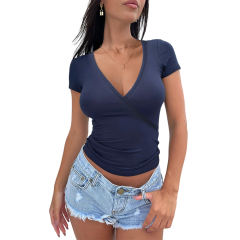 Navy Blue Solid V Neck Slim Fit Short Sleeve Top