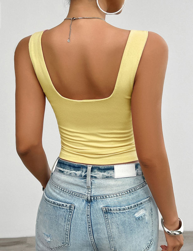 Yellow Solid Front Twisted Slim Fit Tank Top