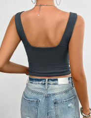 Dark Grey Solid Front Twisted Slim Fit Tank Top