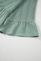 Laurel Green Tie Split Neck Textured Ruffle Patchwork Blouse