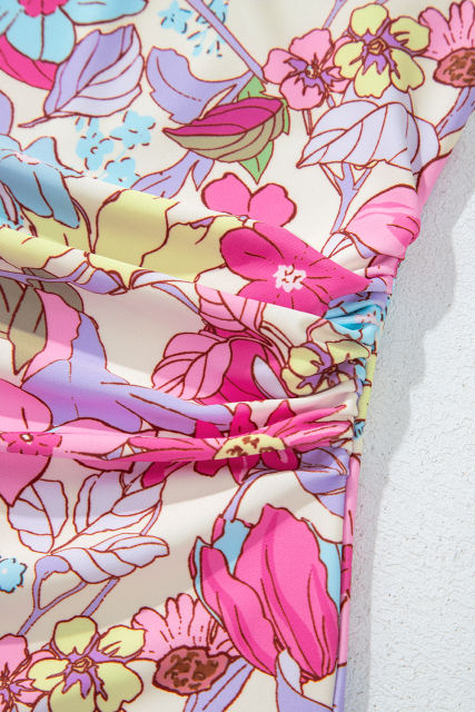 Pink Floral Ruffle Trim V Neck Lace-up Back Tummy Control One Piece Swimsuit