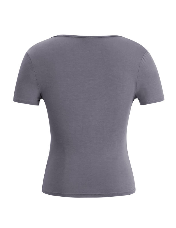 Gray Solid V Neck Slim Fit Short Sleeve Top