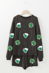 Carbon Grey Lucky Clover Beer Sequin Patched Graphic Corded 2pcs Outfit