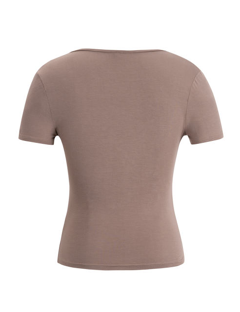 Khaki Solid V Neck Slim Fit Short Sleeve Top