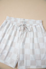 Beige Checkered V Neck Tee Drawstring Shorts Lounge Set