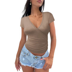 Khaki Solid V Neck Slim Fit Short Sleeve Top