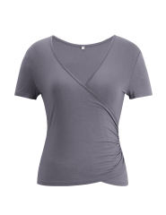 Gray Solid V Neck Slim Fit Short Sleeve Top
