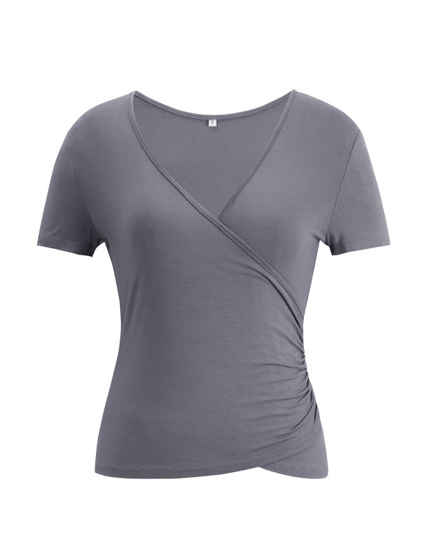 Gray Solid V Neck Slim Fit Short Sleeve Top
