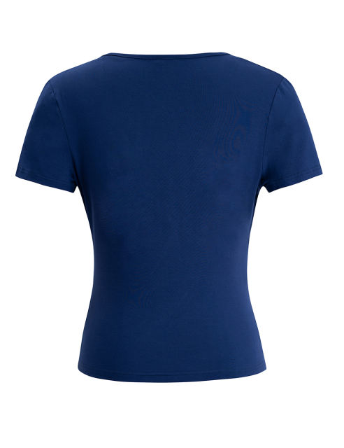 Navy Blue Solid V Neck Slim Fit Short Sleeve Top