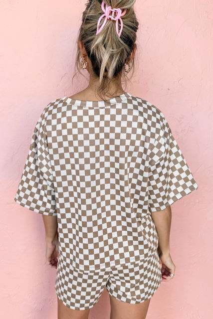 Brown Checkered Top and Short Casual 2pcs Set