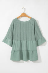 Laurel Green Tie Split Neck Textured Ruffle Patchwork Blouse