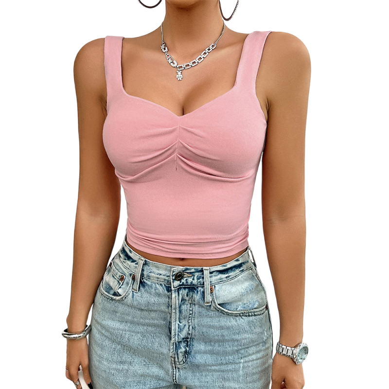 Pink Solid Front Twisted Slim Fit Tank Top