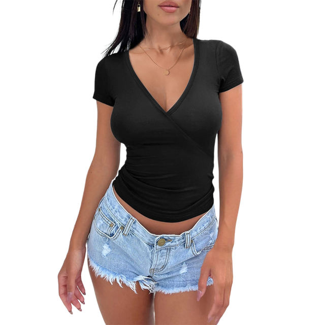 Black Solid V Neck Slim Fit Short Sleeve Top