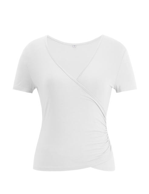White Solid V Neck Slim Fit Short Sleeve Top
