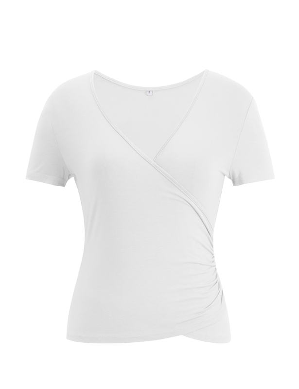 White Solid V Neck Slim Fit Short Sleeve Top
