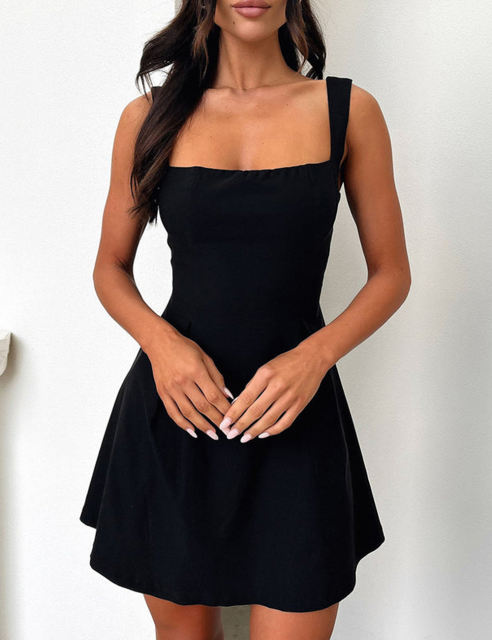 Black Square Neck Back Lace-up Sleeveless Mini Dress