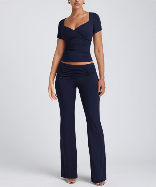 Navy Blue Pleated Detail Slim Fit Short Sleeve Top and Flare Pants Set