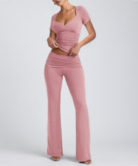 Pink Pleated Detail Slim Fit Short Sleeve Top and Flare Pants Set