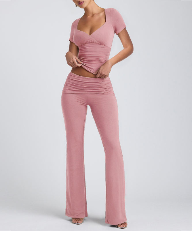 Pink Pleated Detail Slim Fit Short Sleeve Top and Flare Pants Set