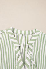 Green Stripe Bracelet Sleeve Tasseled Tied Neck Tiered Plus Size Mini Dress
